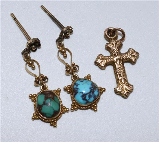 Pr gold & turquoise earrings & cross